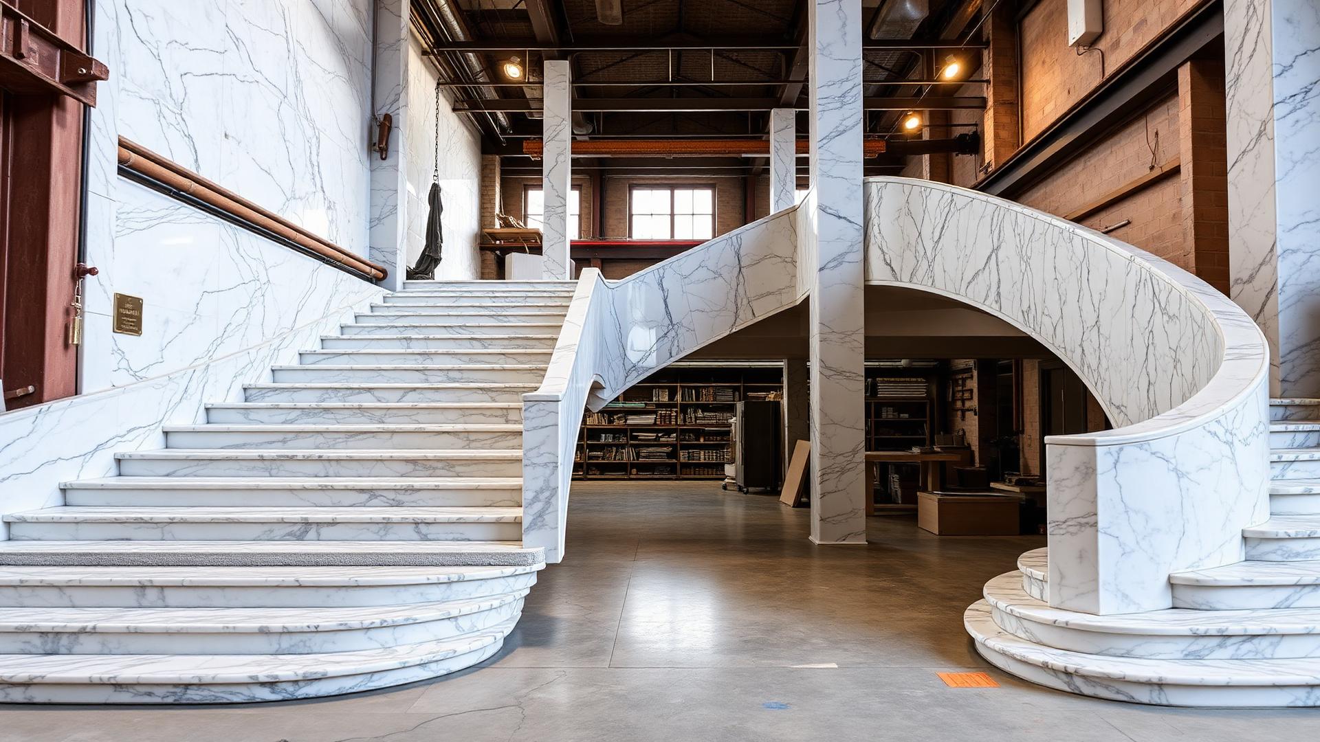 Grand marble staircase in a stone workshop